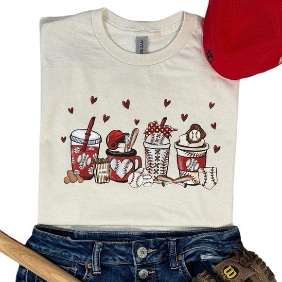 Baseball Cups and Hearts Small Natural Cream Women’s Short Sleeve T-Shirt - Picture 1 of 7
